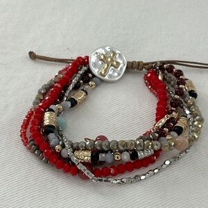 Demdaco Beaded Cross red glass and metal Charm bracelet with 7 strands